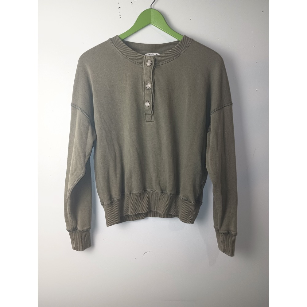 American Eagle Womens Henley Sweatshirt Olive Green Button Pullover Medium